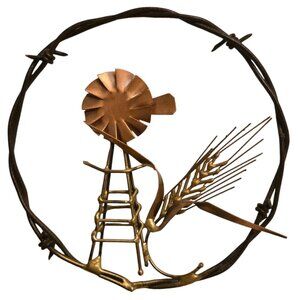 Metal Barbed Wire Windmill Wheat Wall Art Wreath FarmCore Country Small